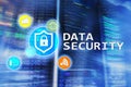 Data security, cyber crime prevention, Digital information protection. Lock icons and server room background Royalty Free Stock Photo