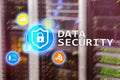 Data security, cyber crime prevention, Digital information protection. Lock icons and server room background Royalty Free Stock Photo