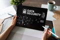 Data security, cyber protection, information privacy concept on device screen. Royalty Free Stock Photo