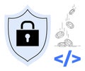 Data Security and Digital Economy Concept with Shield, Lock, Coins, and Code Symbol Royalty Free Stock Photo