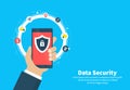 Data security flat illustration concept. Smartphone with shield and lock. Flat cartoon design, vector illustration on