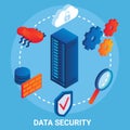 Data security flowchart, vector illustration. Isometric server rack, cloud, shield, computer bug, gears. Data protection Royalty Free Stock Photo