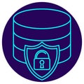 Data Security Icon. Minimalistic neon outline on a dark blue round background Royalty Free Stock Photo
