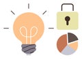 Innovation, Data Security, and Analytics Concept with Lightbulb, Lock, and Pie Chart Symbols Royalty Free Stock Photo