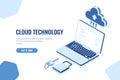 Data security isometric concept, cloud storage technology, data transfer remote server room database, laptop with lock