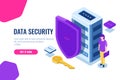 Data security isometric, database icon with shield and key, data lock, personal support of safety, women with laptop in