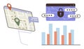 Data Security, Navigation, and Analytics Represented by Map, Lock, and Bar Chart Graphics Royalty Free Stock Photo