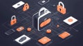 Data security network, digital lock, isometric illustration, cybersecurity protection