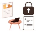Data Security and Organization Concept with Laptop, Lock, Notes, and Document Elements Royalty Free Stock Photo