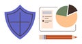 Data security and protection concept with shield, analytics chart, and pencil for secure documentation Royalty Free Stock Photo