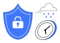 Data security shield with lock, raindrops symbolizing challenges, and a clock depicting time management Royalty Free Stock Photo