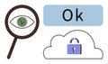 Data Security and Surveillance with Magnifying Glass, Cloud Lock, and Confirmation Indicator Royalty Free Stock Photo