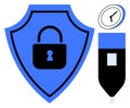 Data security symbolized by shield with lock, USB device, and clock representing protection Royalty Free Stock Photo