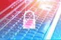 Data security systems computer with locked padlock on keyboard for protect crime by an anonymous hacker internet and data network