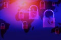 Data security systems computer with locked padlock on world map for protect crime by an anonymous hacker internet and data network Royalty Free Stock Photo