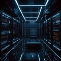 Futuristic data center with glowing server racks in dark room Royalty Free Stock Photo
