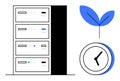 Data server with clock and leaf symbolizing eco-friendly technology and time efficiency Royalty Free Stock Photo