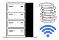 Data Storage Server with Stacked Coins and wireless Signal Depicting Technology and Connectivity Royalty Free Stock Photo