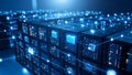 Data server racks with digital network connections and glowing icons in a data center Royalty Free Stock Photo