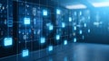 Data server room with glowing digital file icons representing data storage and cloud computing Royalty Free Stock Photo
