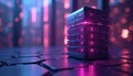 Data server stack glows in purple light against blurred background. Futuristic tech, digital storage emphasizes network Royalty Free Stock Photo