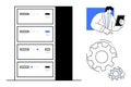 Data Server System with Manager Holding Tablet and Gear Icons Technology and Maintenance Royalty Free Stock Photo