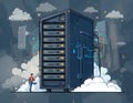 Data Server and Technician Standing in a Cloud Computing Illustration Royalty Free Stock Photo