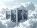 Data Servers Cluster Floating Amidst White Fluffy Clouds in Cloudy Sky Royalty Free Stock Photo