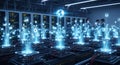 Data servers transmit information with glowing icons in a futuristic network environment Royalty Free Stock Photo