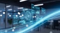 Futuristic digital interface with glowing blue light streams and data visualizations in a modern office setting Royalty Free Stock Photo