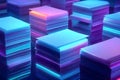 Data stacks with neon lighting and reflective surface for information technology visualization Royalty Free Stock Photo