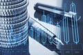 Data stock market comparison and finance concept with digital numeric candlestick on silver coins stack and pen background. 3D