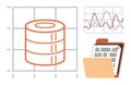 Data storage, analysis, and visualization concept with database, graphs, and binary code on a file folder Royalty Free Stock Photo