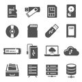 Data storage bold black silhouette icons set isolated on white. Cloudy technology, hdd, memory stick.