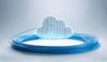 Data storage and cloud technology concept with blue wire connected to white pixelate cloud on abstract light grey background. 3D Royalty Free Stock Photo