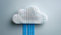 Data storage and cloud technology concept with blue wire connected to white pixelate cloud on abstract light grey background. 3D Royalty Free Stock Photo