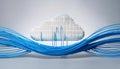 Data storage and cloud technology concept with blue wire connected to white pixelate cloud on abstract light grey background. 3D Royalty Free Stock Photo
