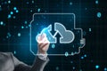 Data storage and internet technology concept with man hand using stylus on virtual screen with cloud icon with oppositely directed Royalty Free Stock Photo