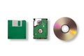 Data storage medium evolution - floppy disk, CD Disk, small hard disk drive isolated on white background. Top view Royalty Free Stock Photo