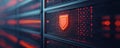 Cybersecurity shield icon on data server in close-up Royalty Free Stock Photo