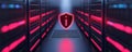 Cybersecurity shield icon on data server in close-up Royalty Free Stock Photo
