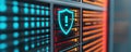 Cybersecurity shield icon on data server in close-up Royalty Free Stock Photo