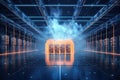 Data storage server warehouse room with neon light glowing trails, futuristic digital technology concept, data network and Royalty Free Stock Photo