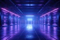 Data storage server warehouse room with neon light glowing trails, futuristic digital technology concept, data network and Royalty Free Stock Photo