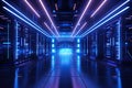 Data storage server warehouse room with neon light glowing trails, futuristic digital technology concept, data network and Royalty Free Stock Photo