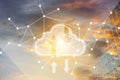 Data storage technology concepts. Clouds and cloud icons that are currently downloading and uploading data, networking and digital