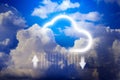 Data storage technology concepts. Clouds and cloud icons that are currently downloading and uploading data.