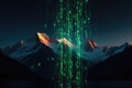 Data streams descend from above, illuminating a majestic mountain range Royalty Free Stock Photo