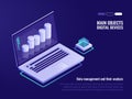 Data structuring and analysis, crm system concept, information processing and statistic, isometric laptop vector