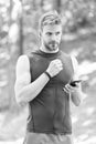 Data synchronization. digital sport. smart watch. athletic man in sportswear. outdoor workout. Fitness app. Ui ux Royalty Free Stock Photo